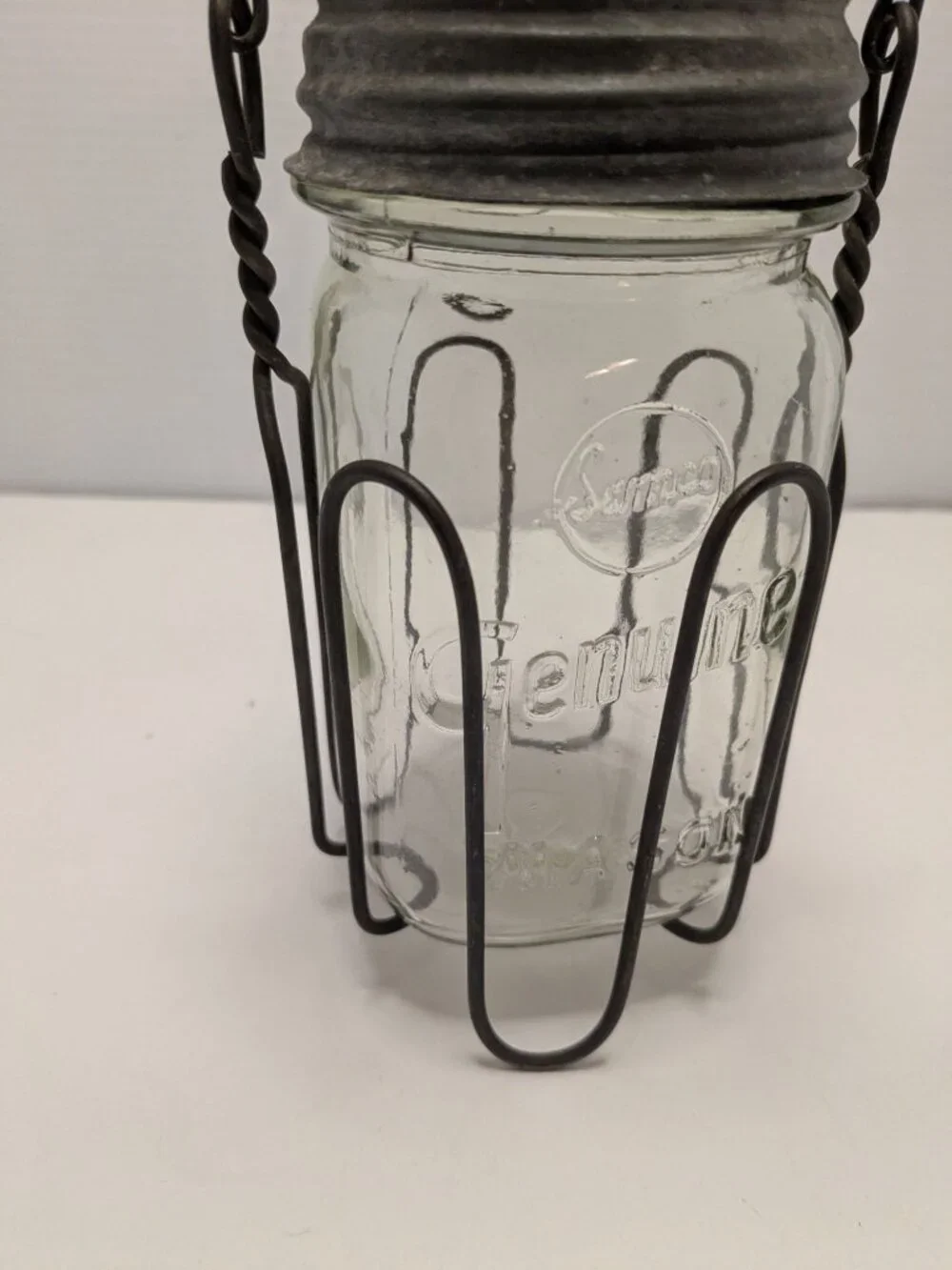 Vtg. Samco Genuine Mason Jar Steel Holder Wooden Handle Zinc Lid Moonshine Caddy
